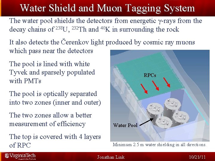 Water Shield and Muon Tagging System The water pool shields the detectors from energetic