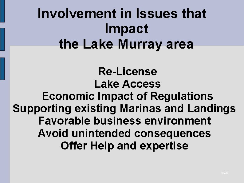 Involvement in Issues that Impact the Lake Murray area Re-License Lake Access Economic Impact