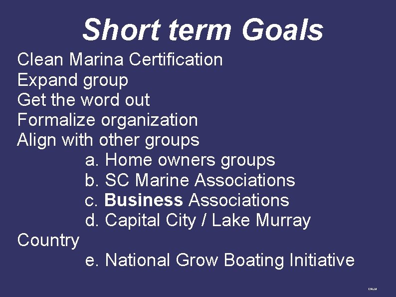 Short term Goals Clean Marina Certification Expand group Get the word out Formalize organization