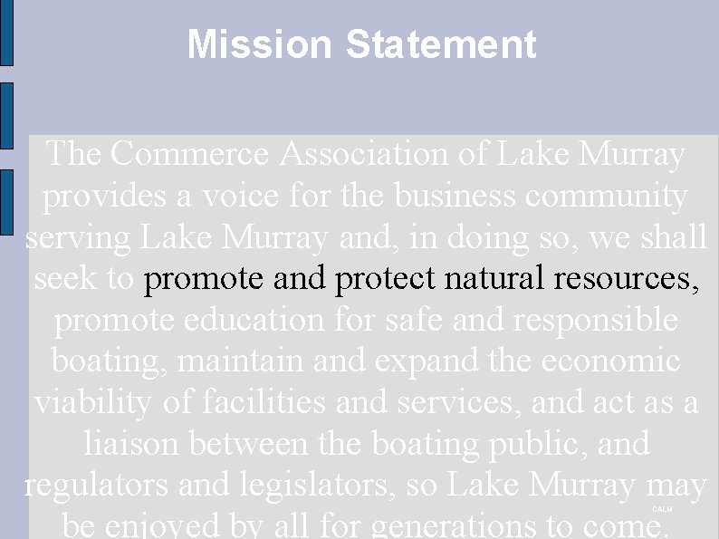Mission Statement The Commerce Association of Lake Murray provides a voice for the business