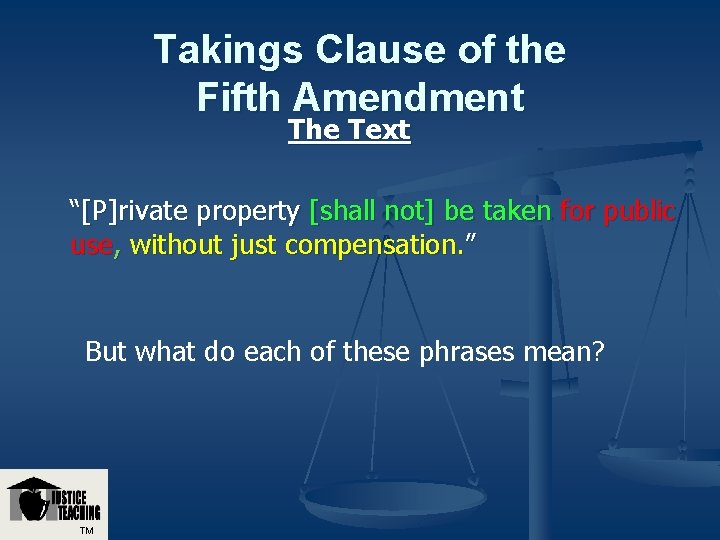 Takings Clause of the Fifth Amendment The Text “[P]rivate property [shall not] be taken