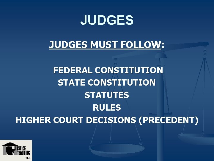 JUDGES MUST FOLLOW: FEDERAL CONSTITUTION STATE CONSTITUTION STATUTES RULES HIGHER COURT DECISIONS (PRECEDENT) TM