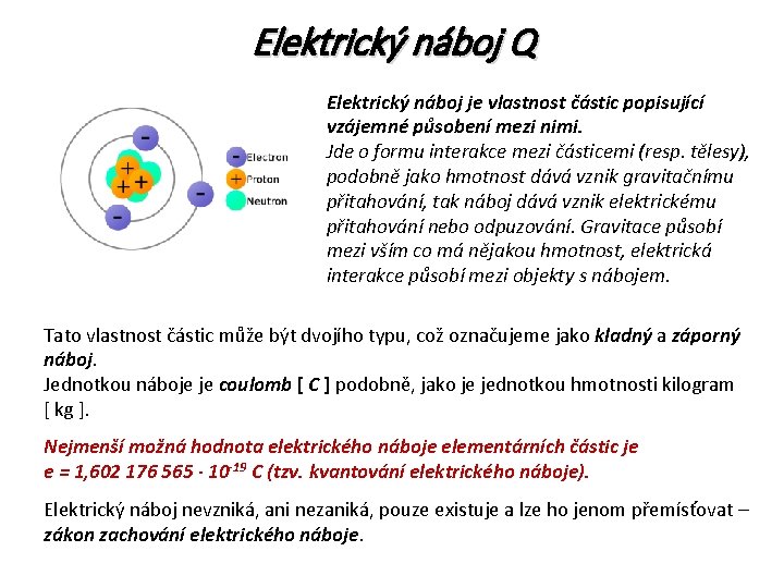 Elektrický náboj Q Elektrický náboj je vlastnost částic popisující vzájemné působení mezi nimi. Jde