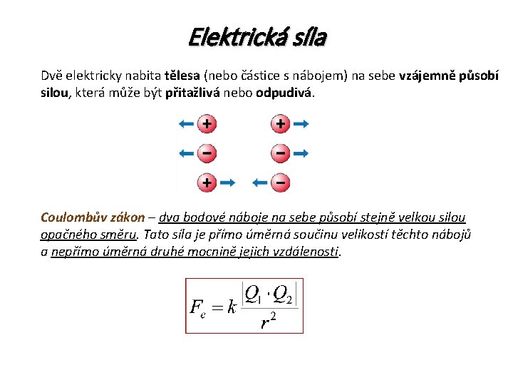 Elektrická síla Dvě elektricky nabita tělesa (nebo částice s nábojem) na sebe vzájemně působí