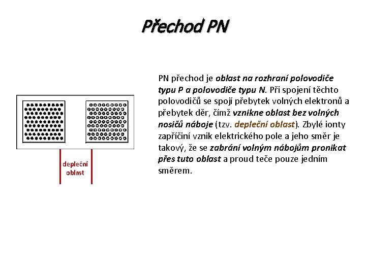 Přechod PN depleční oblast PN přechod je oblast na rozhraní polovodiče typu P a