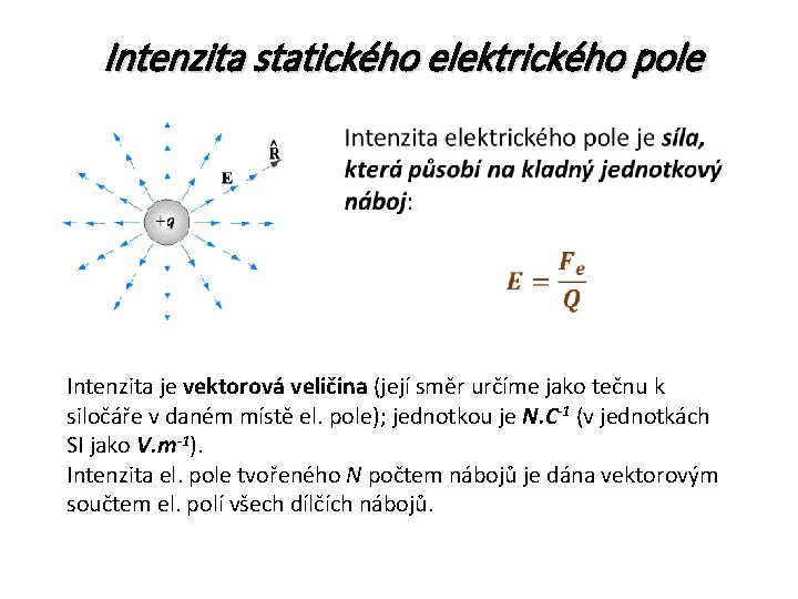 Intenzita statického elektrického pole Intenzita je vektorová veličina (její směr určíme jako tečnu k