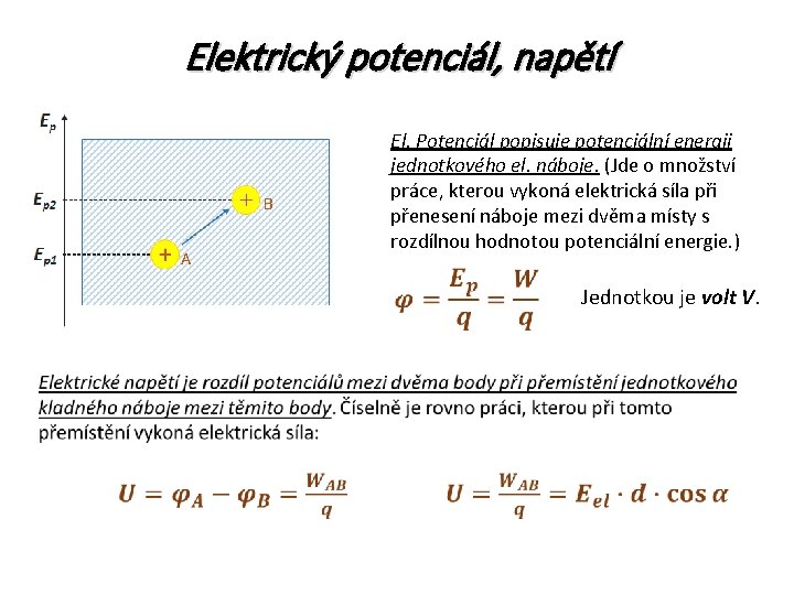 Elektrický potenciál, napětí B A El. Potenciál popisuje potenciální energii jednotkového el. náboje. (Jde