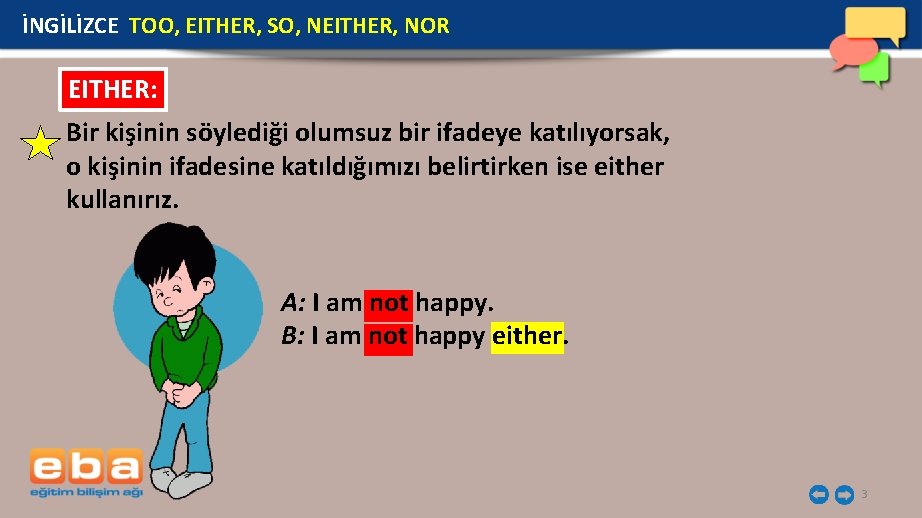 İNGİLİZCE TOO, EITHER, SO, NEITHER, NOR EITHER: Bir kişinin söylediği olumsuz bir ifadeye katılıyorsak,