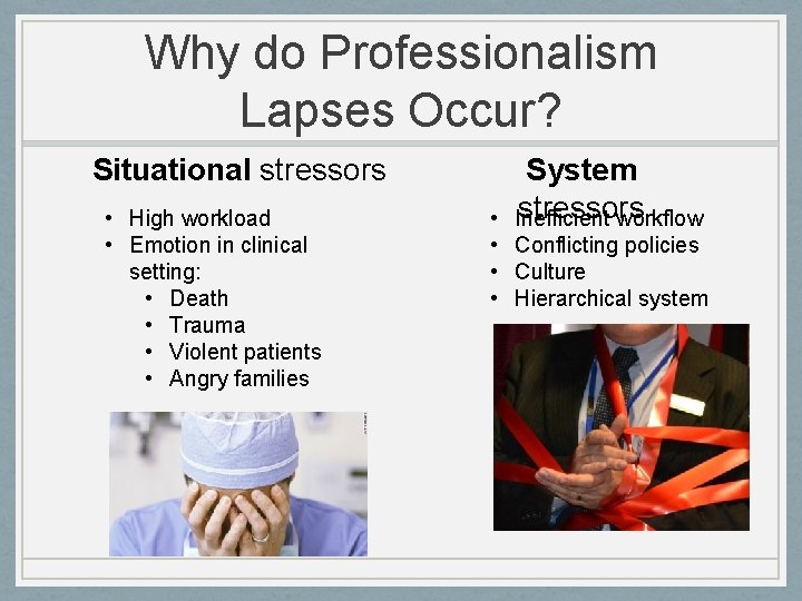 Why do Professionalism Lapses Occur? Situational stressors • High workload • Emotion in clinical