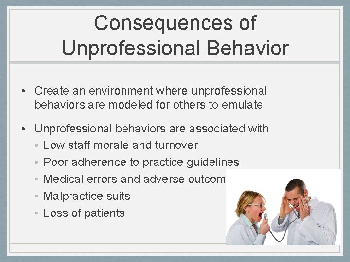 Consequences of Unprofessional Behavior • Create an environment where unprofessional behaviors are modeled for