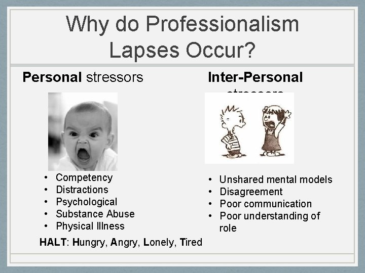 Why do Professionalism Lapses Occur? Personal stressors • • • Competency Distractions Psychological Substance