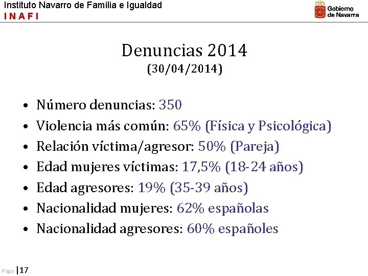 Instituto Navarro de Familia e Igualdad INAFI Denuncias 2014 (30/04/2014) • • Page |17