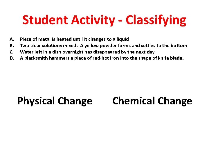 Student Activity - Classifying A. B. C. D. Piece of metal is heated until