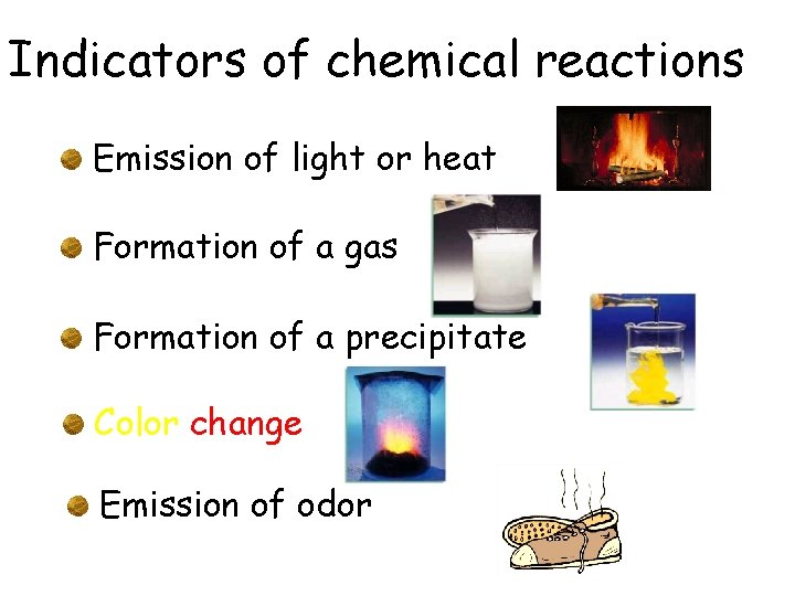 Indicators of chemical reactions Emission of light or heat Formation of a gas Formation
