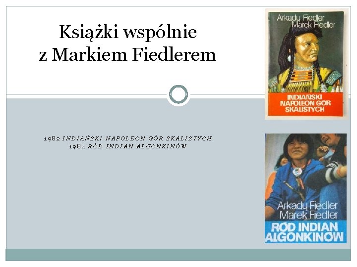 Książki wspólnie z Markiem Fiedlerem 1982 INDIAŃSKI NAPOLEON GÓR SKALISTYCH 1984 RÓD INDIAN ALGONKINÓW Książki wspólnie z Markiem Fiedlerem 1982 INDIAŃSKI NAPOLEON GÓR SKALISTYCH 1984 RÓD INDIAN ALGONKINÓW