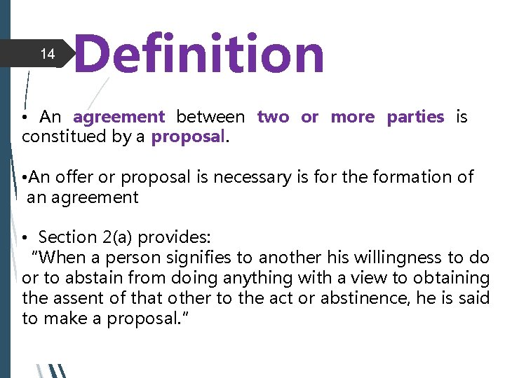 14 Definition • An agreement between two or more parties is constitued by a