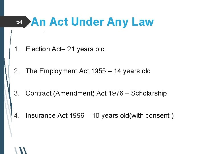 54 An Act Under Any Law 1. Election Act– 21 years old. 2. The