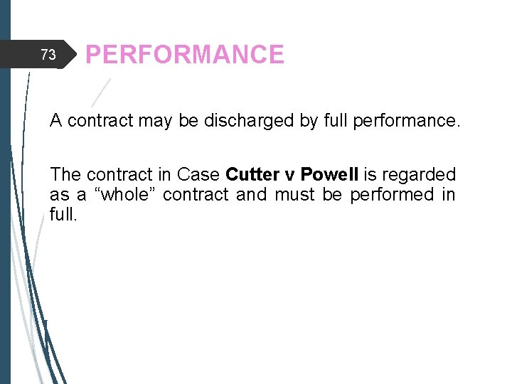 73 PERFORMANCE A contract may be discharged by full performance. The contract in Case