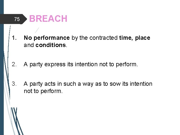 75 BREACH 1. No performance by the contracted time, place and conditions. 2. A