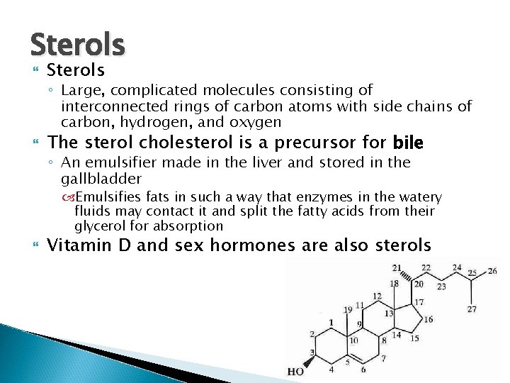 Sterols ◦ Large, complicated molecules consisting of interconnected rings of carbon atoms with side Sterols ◦ Large, complicated molecules consisting of interconnected rings of carbon atoms with side