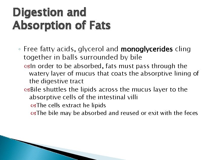Digestion and Absorption of Fats ◦ Free fatty acids, glycerol and monoglycerides cling together Digestion and Absorption of Fats ◦ Free fatty acids, glycerol and monoglycerides cling together
