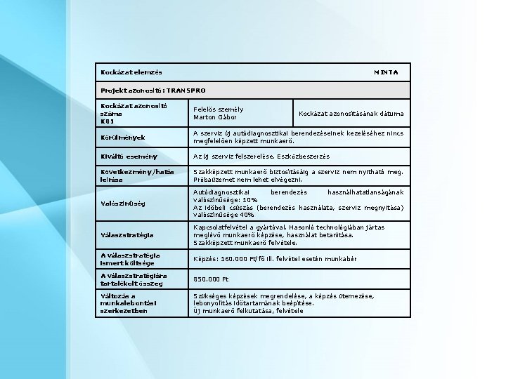 Kockázat elemzés MINTA Projekt azonosító: TRANSPRO Kockázat azonosító száma K 01 Felelős személy Marton