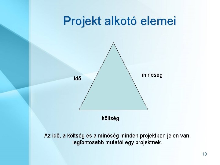 Projekt alkotó elemei minőség idő költség Az idő, a költség és a minőség minden