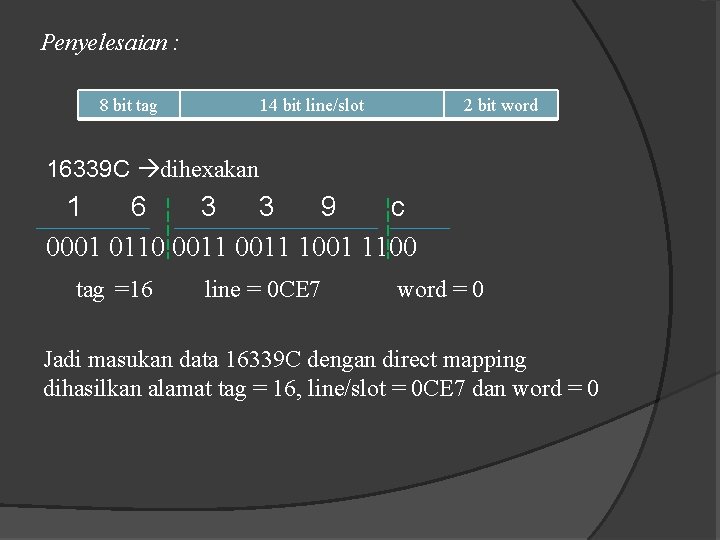 Penyelesaian : 8 bit tag 14 bit line/slot 2 bit word 16339 C dihexakan