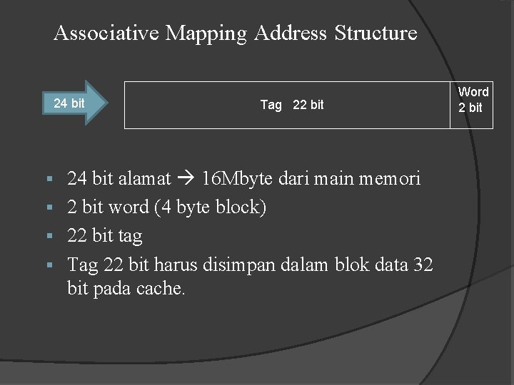 Associative Mapping Address Structure 24 bit Tag 22 bit 24 bit alamat 16 Mbyte