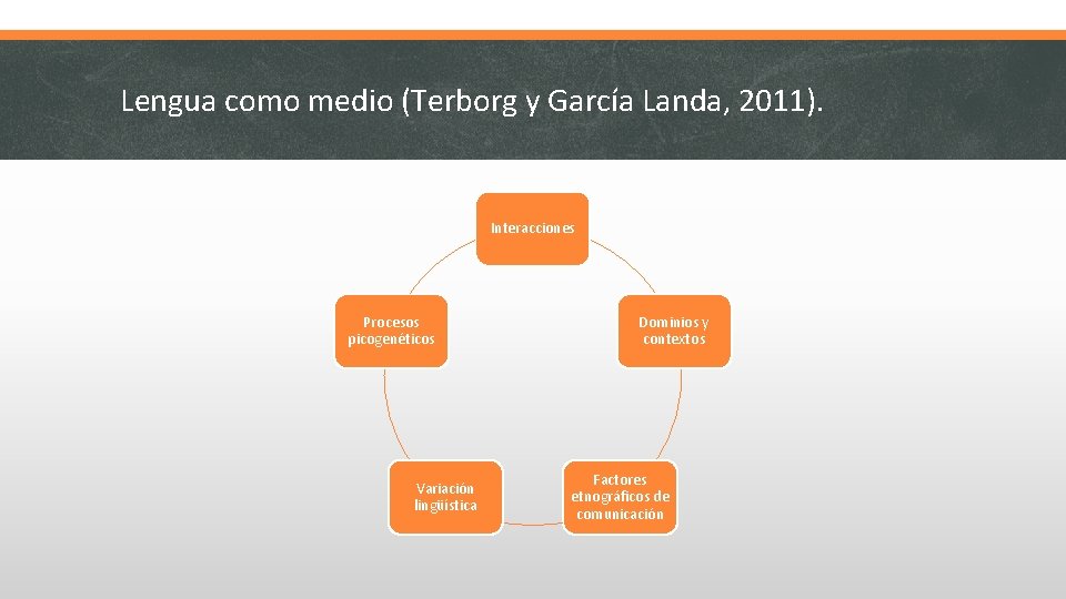 Lengua como medio (Terborg y García Landa, 2011). Interacciones Procesos picogenéticos Variación lingüística Dominios