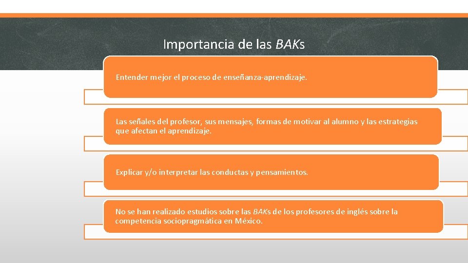 Importancia de las BAKs Entender mejor el proceso de enseñanza-aprendizaje. Las señales del profesor,