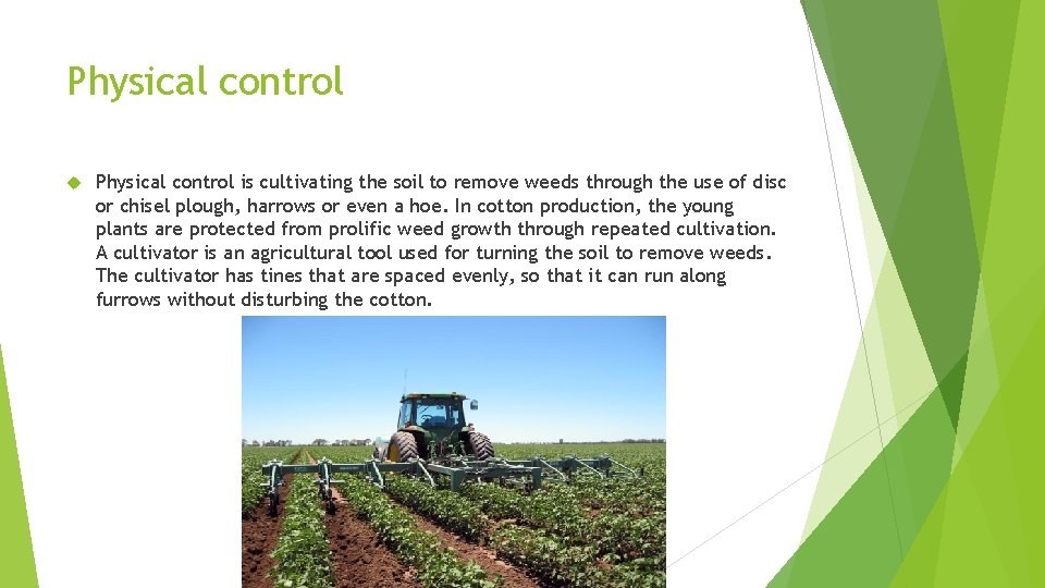 Physical control is cultivating the soil to remove weeds through the use of disc