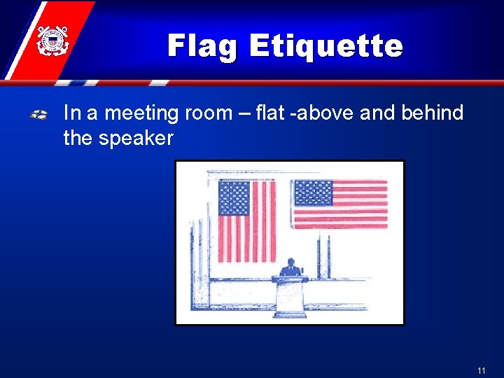 Flag Etiquette In a meeting room – flat -above and behind the speaker 11