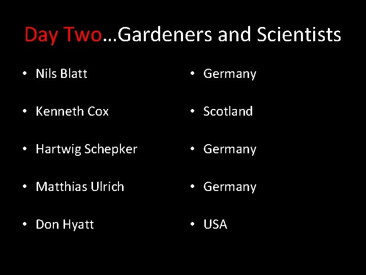 Day Two…Gardeners and Scientists • Nils Blatt • Germany • Kenneth Cox • Scotland