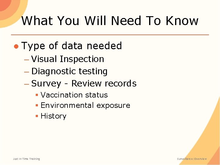What You Will Need To Know ● Type of data needed – Visual Inspection