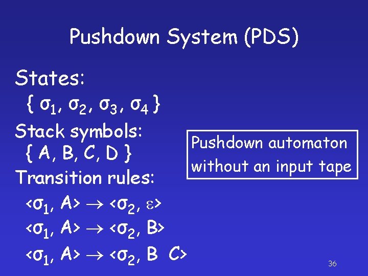 Pushdown System (PDS) States: { σ 1, σ 2 , σ 3 , σ