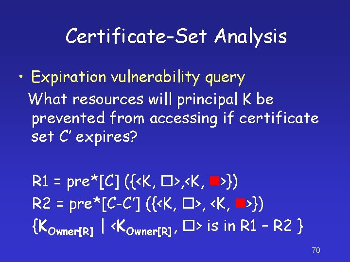 Certificate-Set Analysis • Expiration vulnerability query What resources will principal K be prevented from