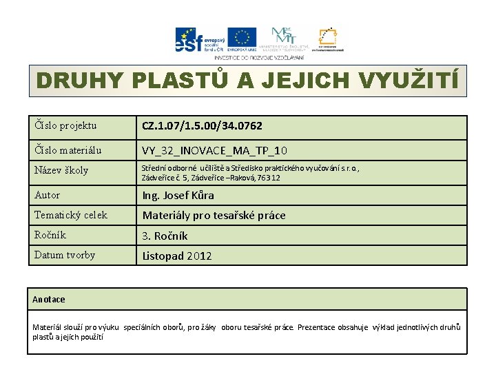 DRUHY PLASTŮ A JEJICH VYUŽITÍ Číslo projektu CZ. 1. 07/1. 5. 00/34. 0762 Číslo