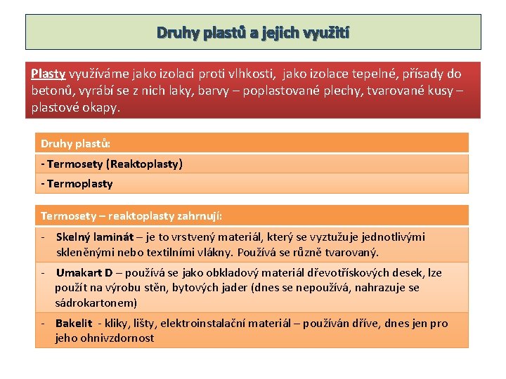 Druhy plastů a jejich využití Plasty využíváme jako izolaci proti vlhkosti, jako izolace tepelné,