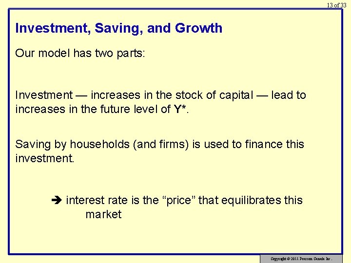 13 of 33 Investment, Saving, and Growth Our model has two parts: Investment —