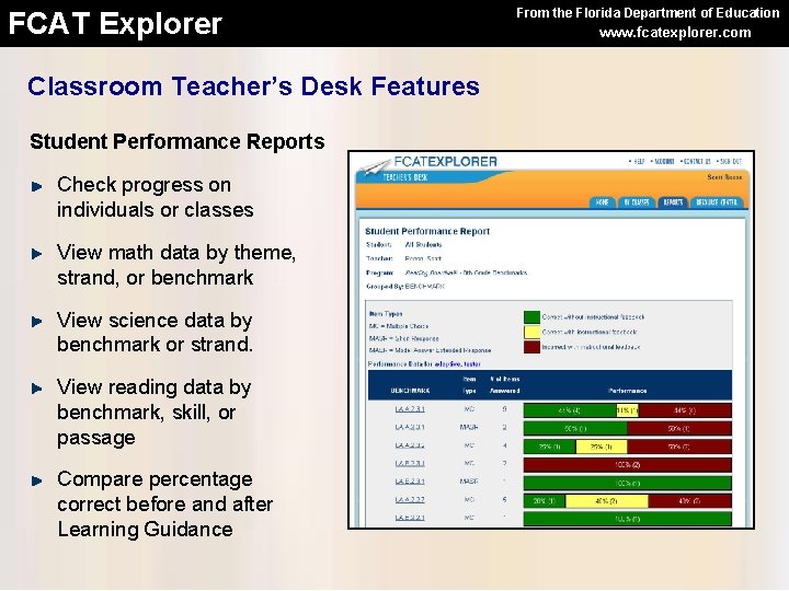 FCAT Explorer Classroom Teacher’s Desk Features Student Performance Reports Check progress on individuals or