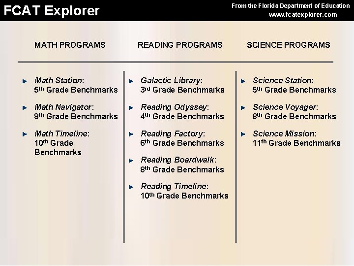 From the Florida Department of Education FCAT Explorer MATH PROGRAMS www. fcatexplorer. com READING