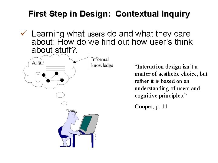 First Step in Design: Contextual Inquiry ü Learning what users do and what they