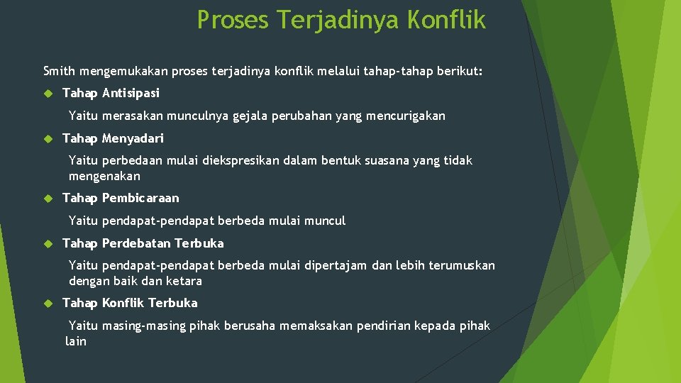 Proses Terjadinya Konflik Smith mengemukakan proses terjadinya konflik melalui tahap-tahap berikut: Tahap Antisipasi Yaitu