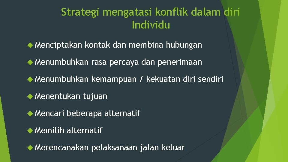 Strategi mengatasi konflik dalam diri Individu Menciptakan kontak dan membina hubungan Menumbuhkan rasa percaya