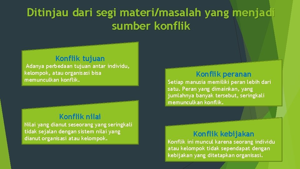 Ditinjau dari segi materi/masalah yang menjadi sumber konflik Konflik tujuan Adanya perbedaan tujuan antar