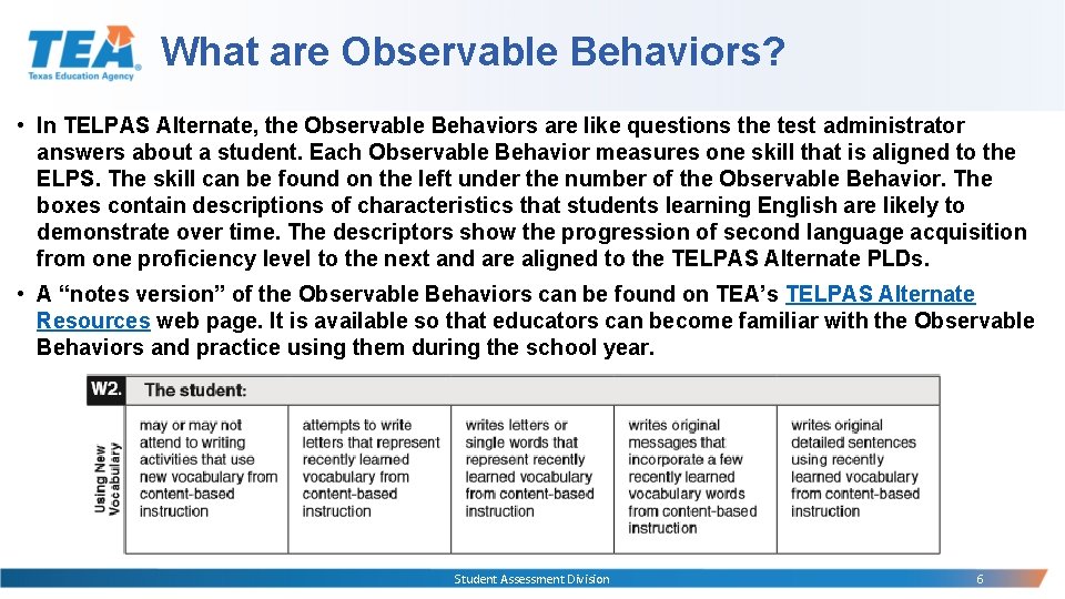 What are Observable Behaviors? • In TELPAS Alternate, the Observable Behaviors are like questions