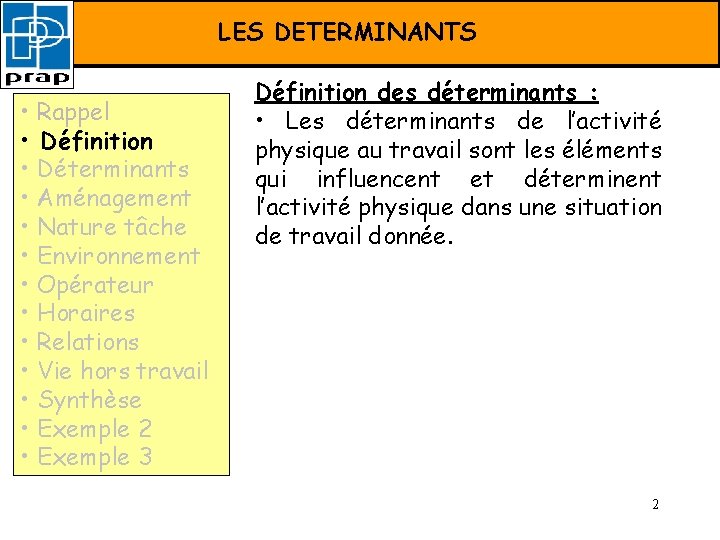 FORMATION PRAP –LES Déterminants DETERMINANTS • Rappel • Définition • Déterminants • Aménagement •