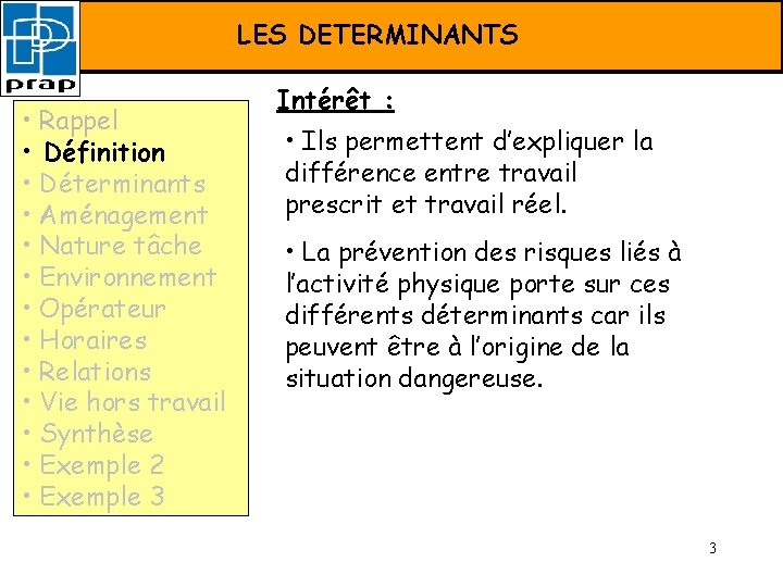 FORMATION PRAP –LES Déterminants DETERMINANTS • Rappel • Définition • Déterminants • Aménagement •