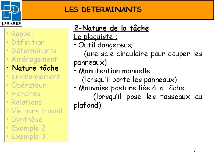 FORMATION PRAP –LES Déterminants DETERMINANTS • Rappel • Définition • Déterminants • Aménagement •